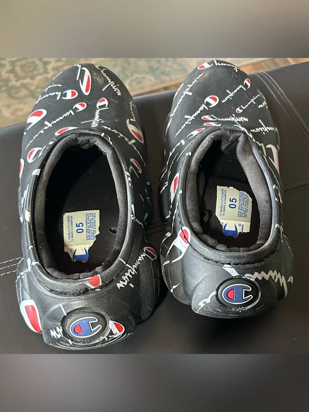 Champion Kids Black Slip-On Logo Clogs with Red & White Accents